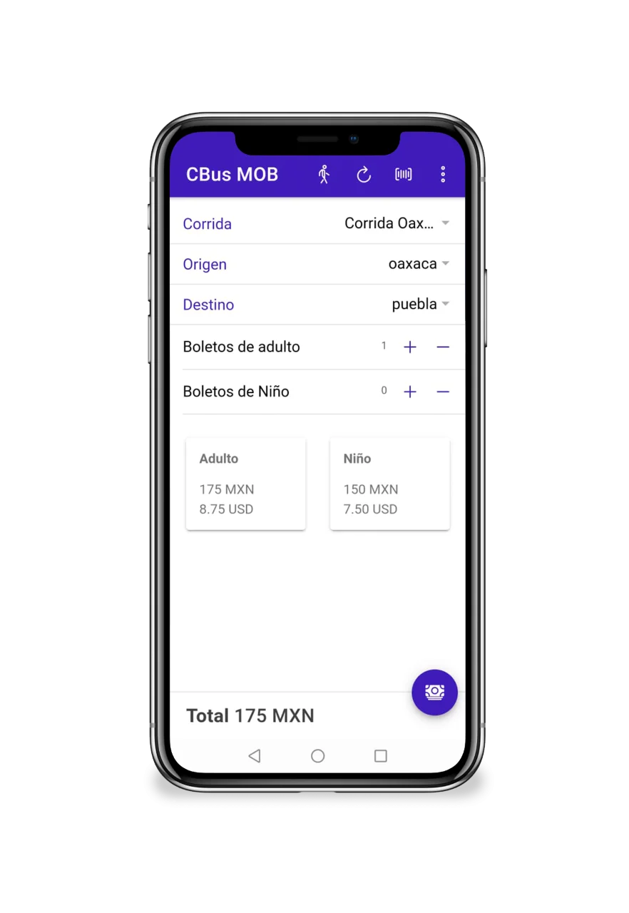 App Android de venta de boletos CBus MOB